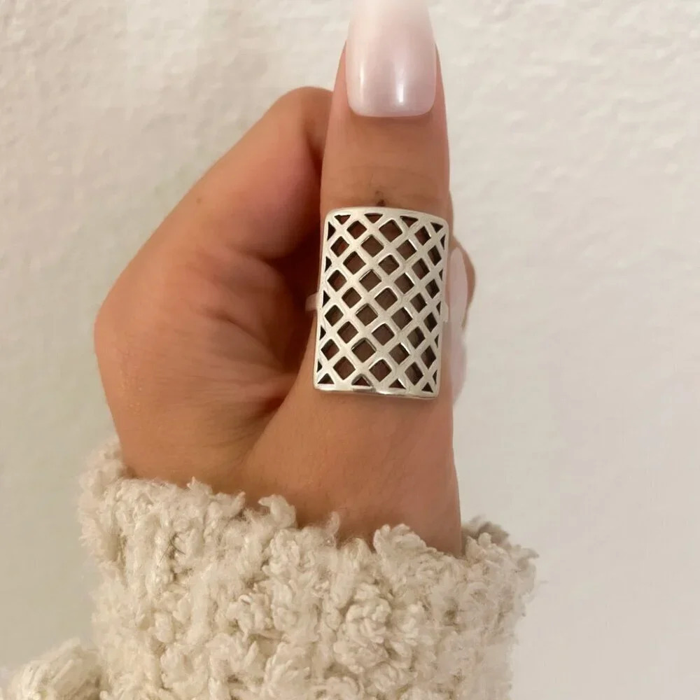 925 Sterling Silver Large Rectangle Ring Chunky T… - image 8